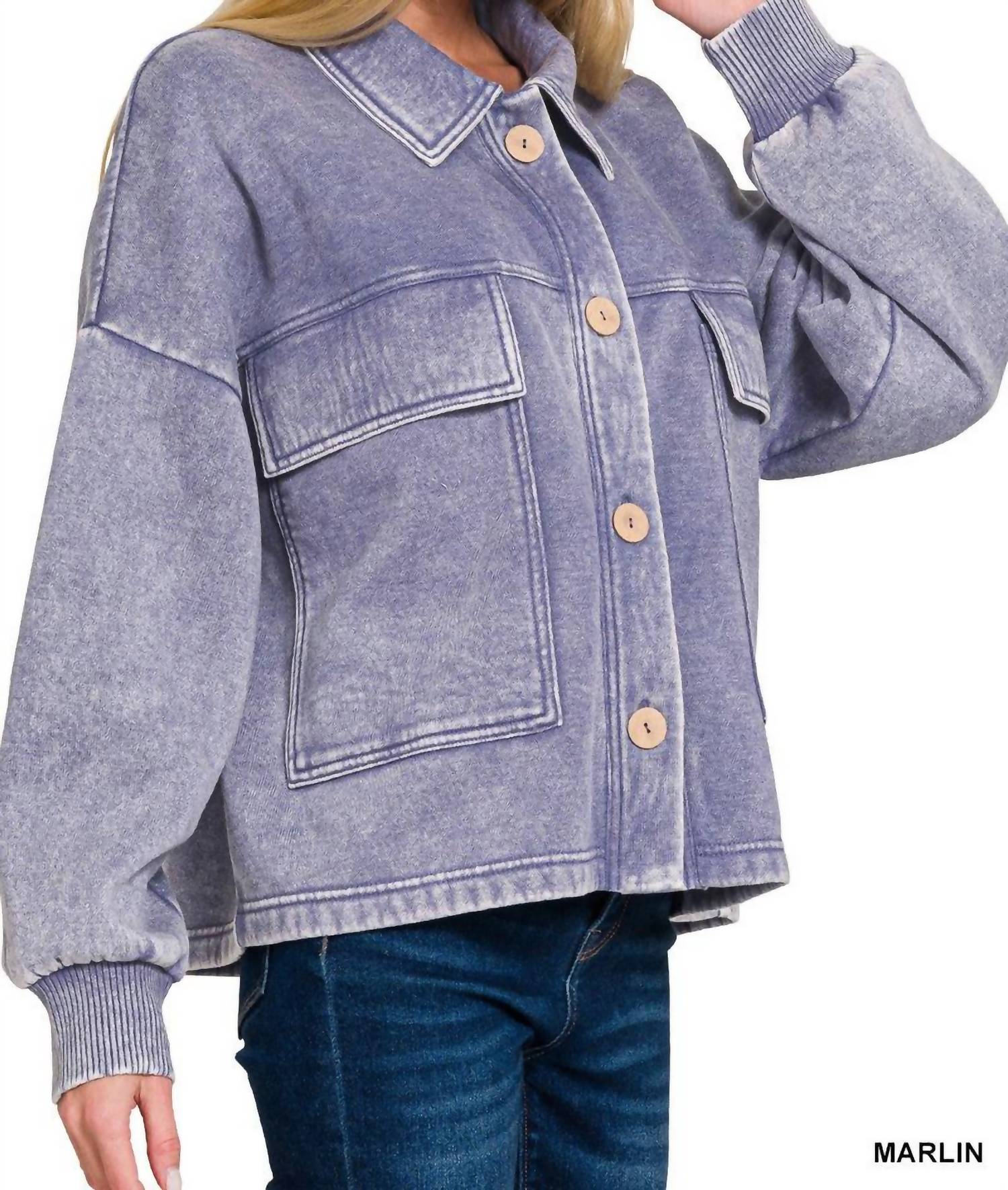 Zenana - Acid Wash Fleece Cropped Shacket With Front Pockets