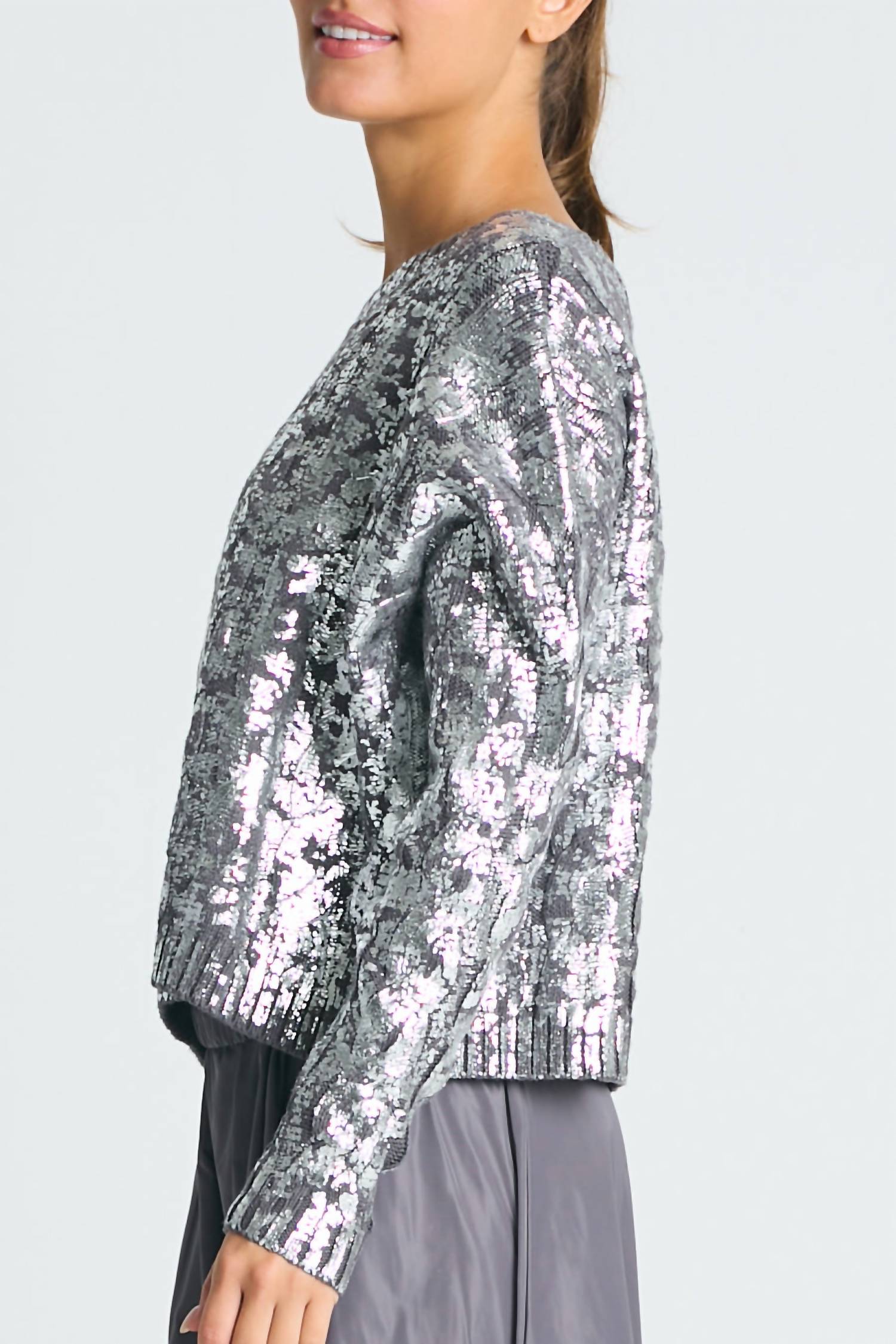 Planet By Lauren G. - Pima Cotton Mini Foil Cable Crewneck Sweater