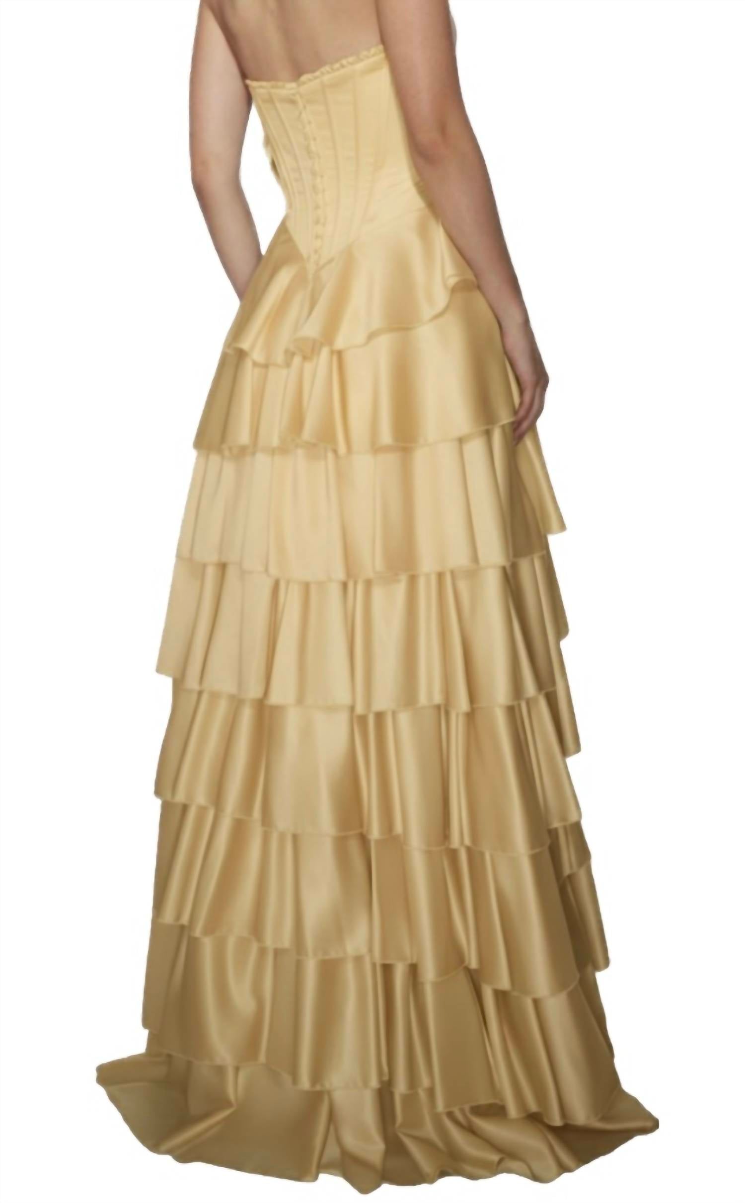 ALYCE PARIS Ruffle satin ballgown in yellow - women's dress - detail view