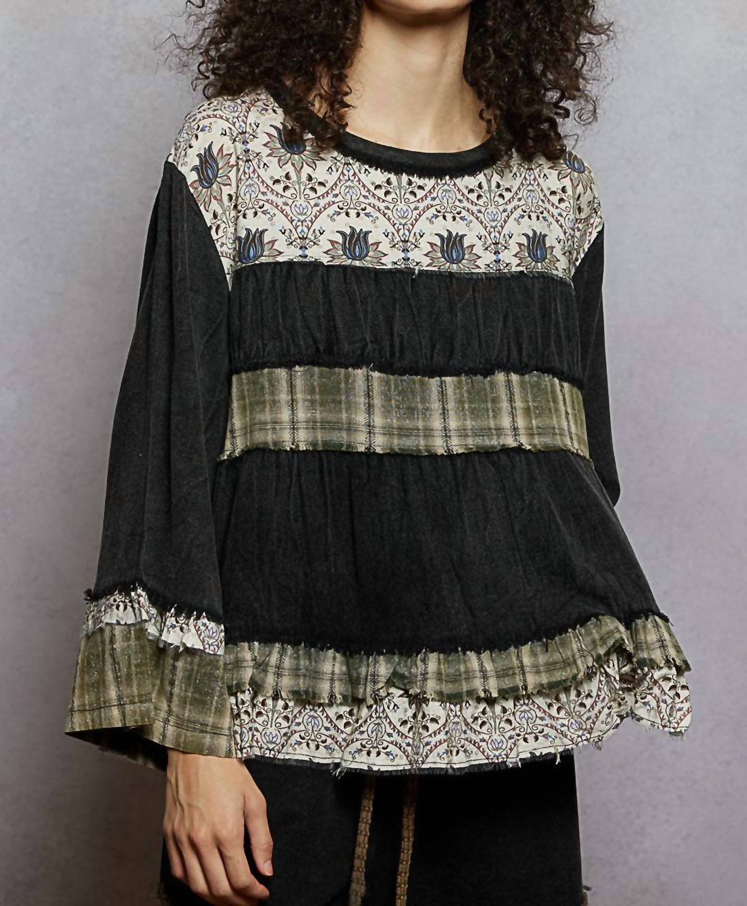 POL Washed Print Plaid Full Sleeve Top in gray - women's long sleeve top