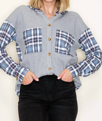 Staccato - Waffle Knit Plaid Contrasted Button Up Hooded Top