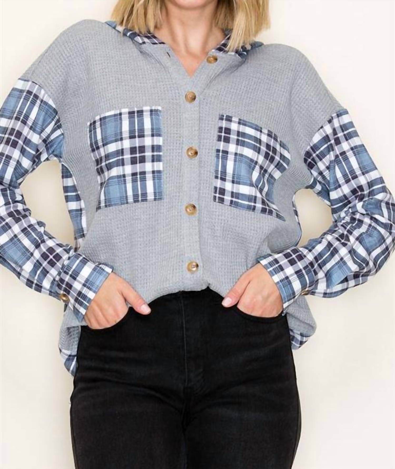Staccato - Waffle Knit Plaid Contrasted Button Up Hooded Top