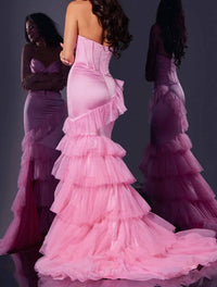 JOVANI Strapless Ruffle Tiered Gown in pink - women's dress - detail view