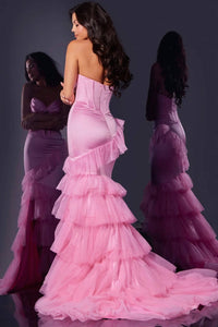 JOVANI Strapless Ruffle Tiered Gown in pink - women's dress - alternate view