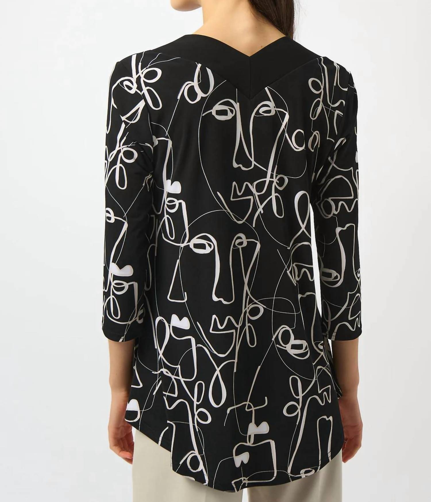 Joseph Ribkoff - Face Print V-neck 3/4 Sleeves Asymmetric Top