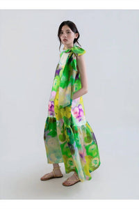 Psophia - Bloomlight Print Sleeveless Long Dress with Tie Neck