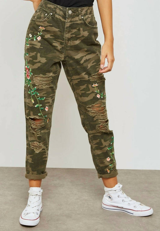 Topshop - High Rise Camo Print Floral Embroidery Ripped Mom Jeans