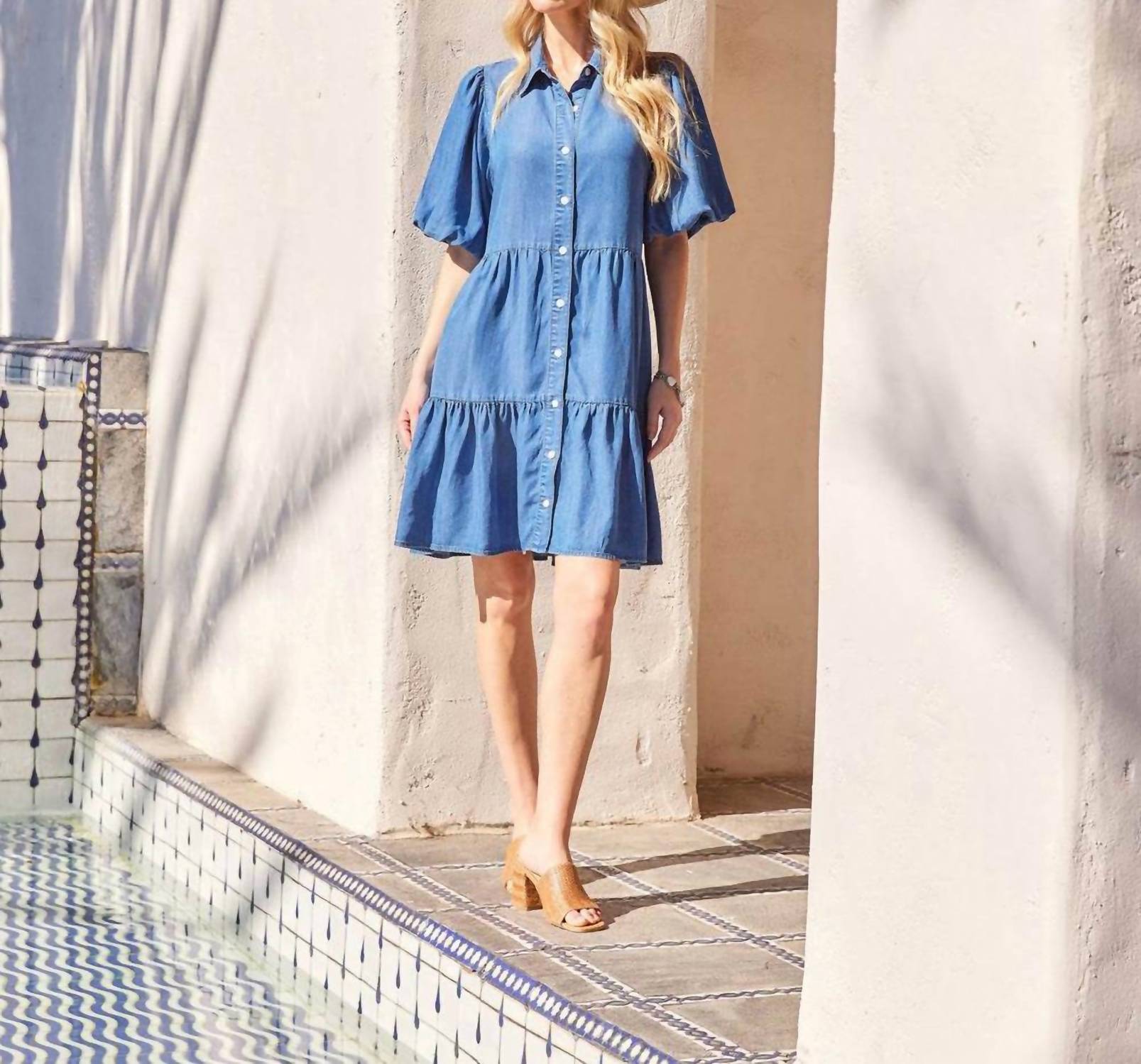 Karen Kane - Puff Sleeve Tiered Shirtdress - Petite