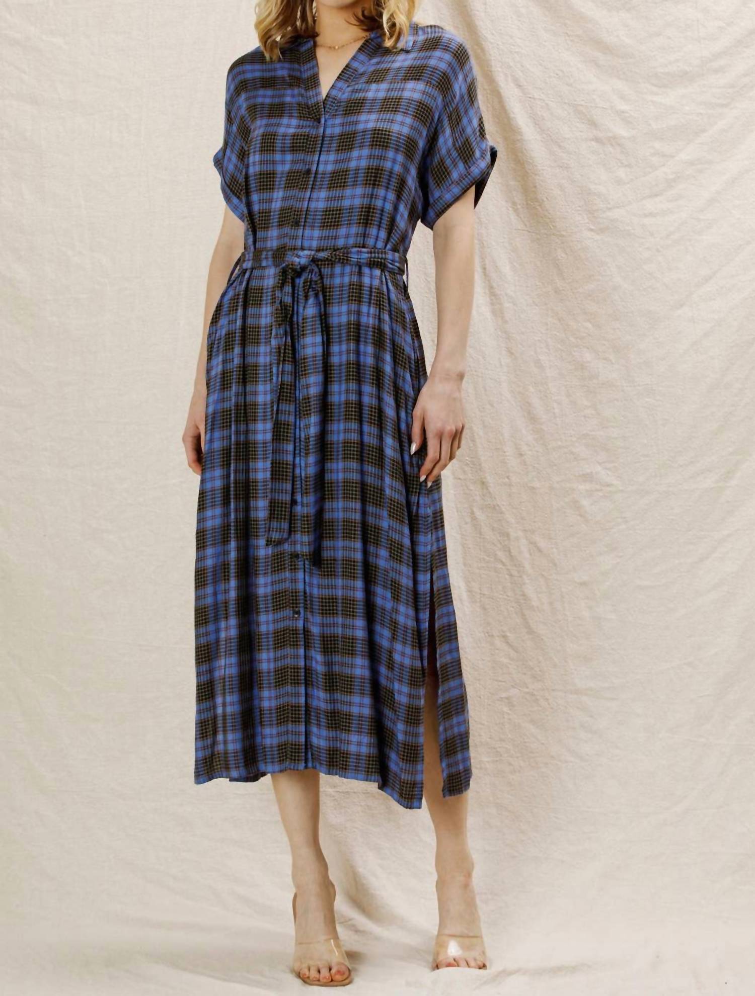 En Creme - Plaid Button Down Belted Shirt Dress