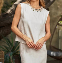 Paparazzi - Linen Beaded Crew Neck Sleeveless Blouse