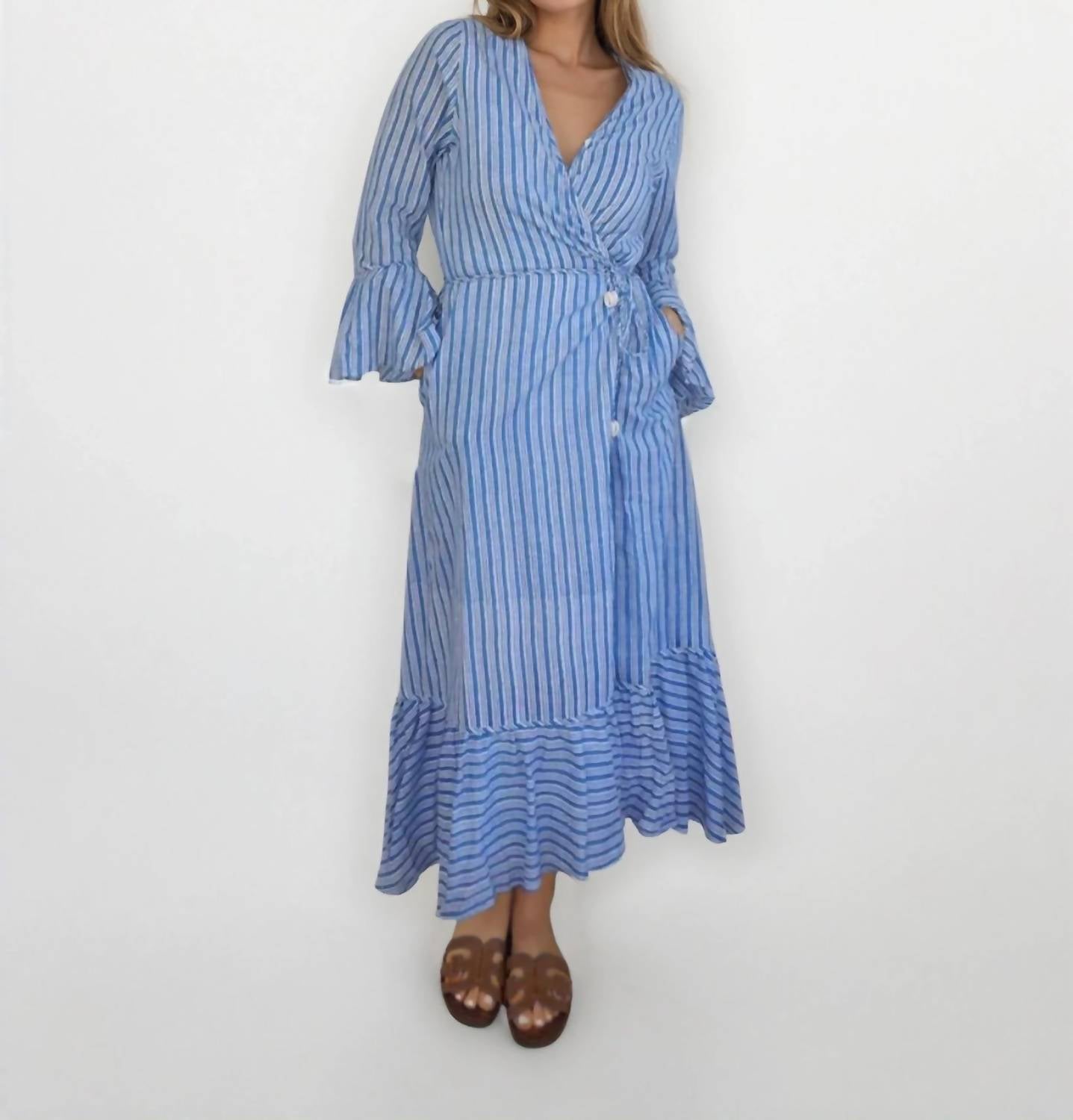 NIBI MTK Rhode Wrap Dress in blue sea stripe - women's dress
