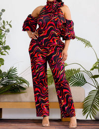 Karen Kane Cold Shoulder Top And Wide Leg Pants Set in red multi - women's pants - detail view