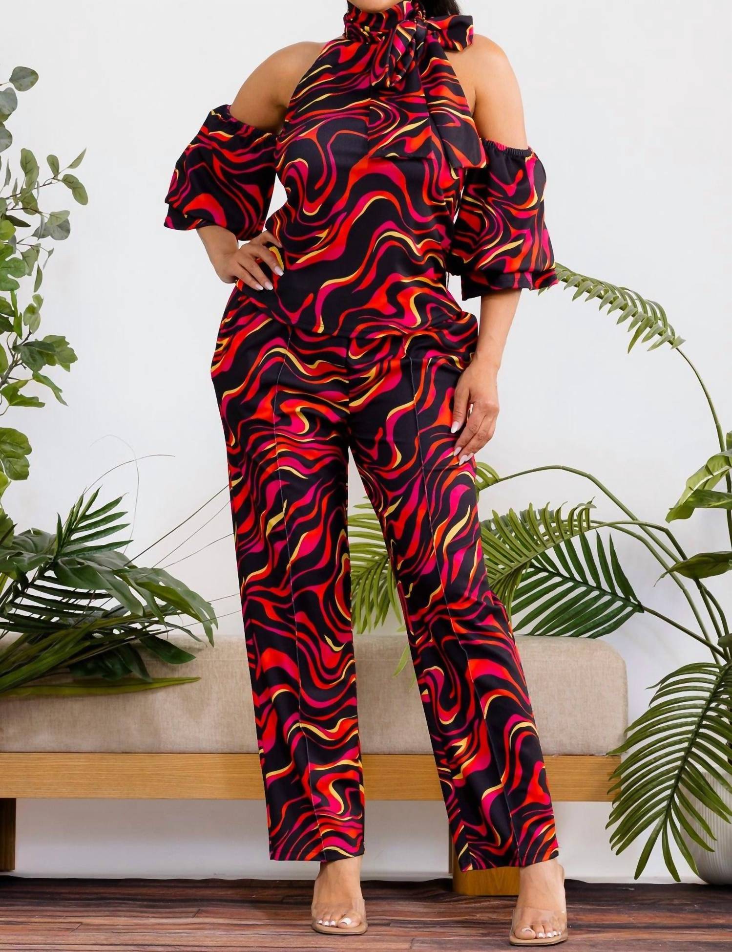 Karen Kane Cold Shoulder Top And Wide Leg Pants Set in red multi - women's pants - detail view