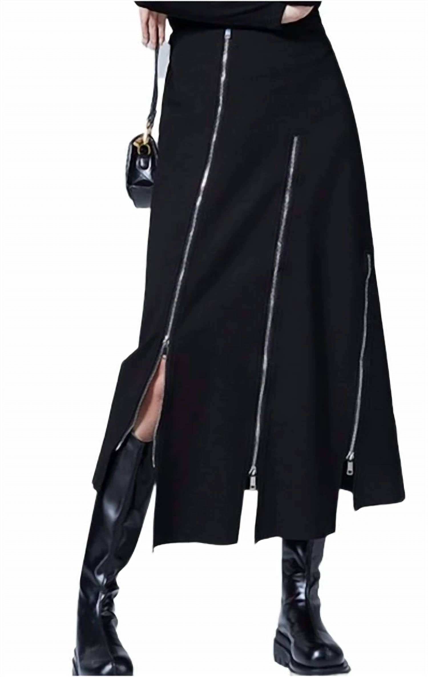 Leather & Luxe Asymmetrical Zipper Knit Skirt in black - women's skirt