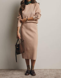 Forte - Ribbed Cuff Sweater & Midi Skirt Knit Set