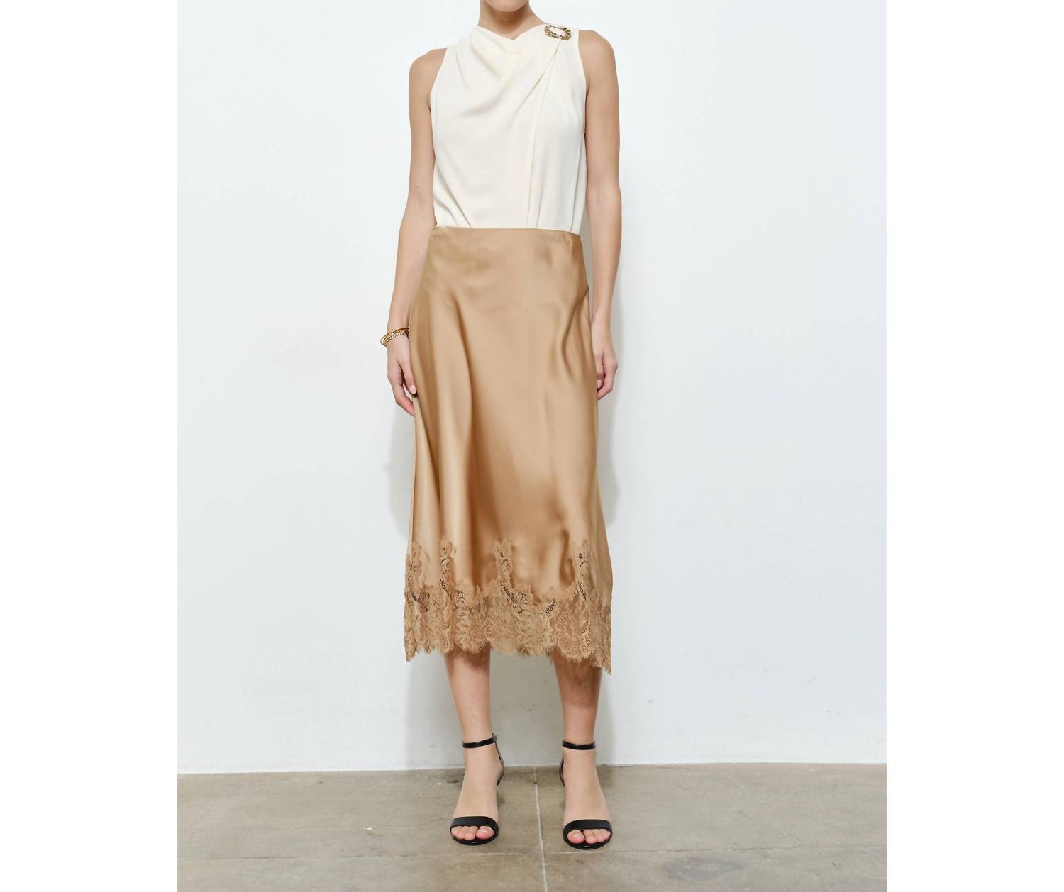 INA Fashion Classic Silky With Lace Hem Midi Skirt in gold - women's skirt - view 8