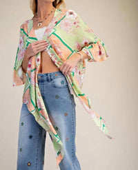 Easel - Floral Peach Blossom Kimono Tie Shrug Top