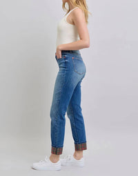 Judy Blue - Mid Rise Plaid Print Cuff Boyfriend Jeans
