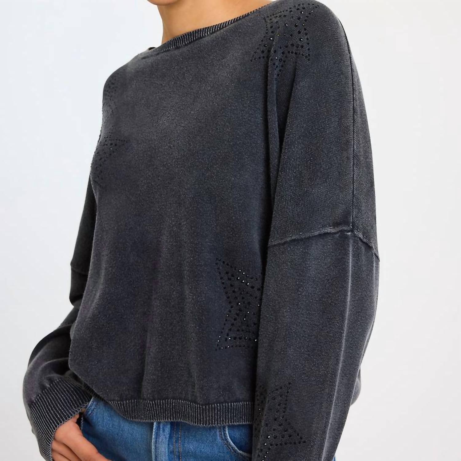 Brodie Cashmere Ida Hot Fix Star Sweat Top in black - women's sweater - detail view