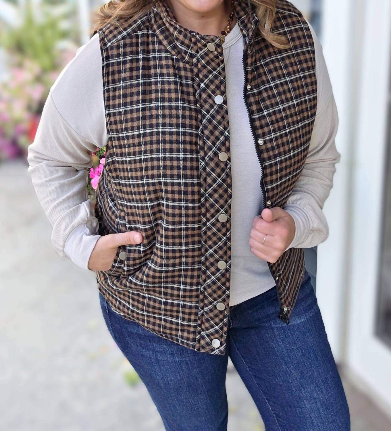 STACCATO Plaid Snap Zipper Vest in taupe black - women's jacket - alternate view