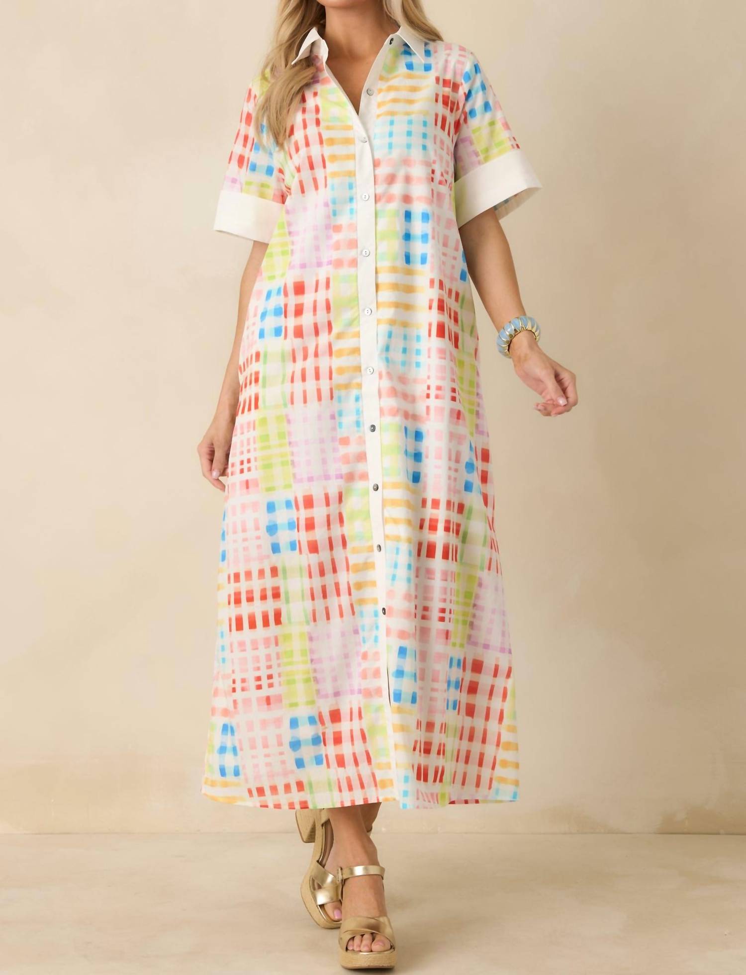 Entro - Check Button Front Maxi Shirt Dress