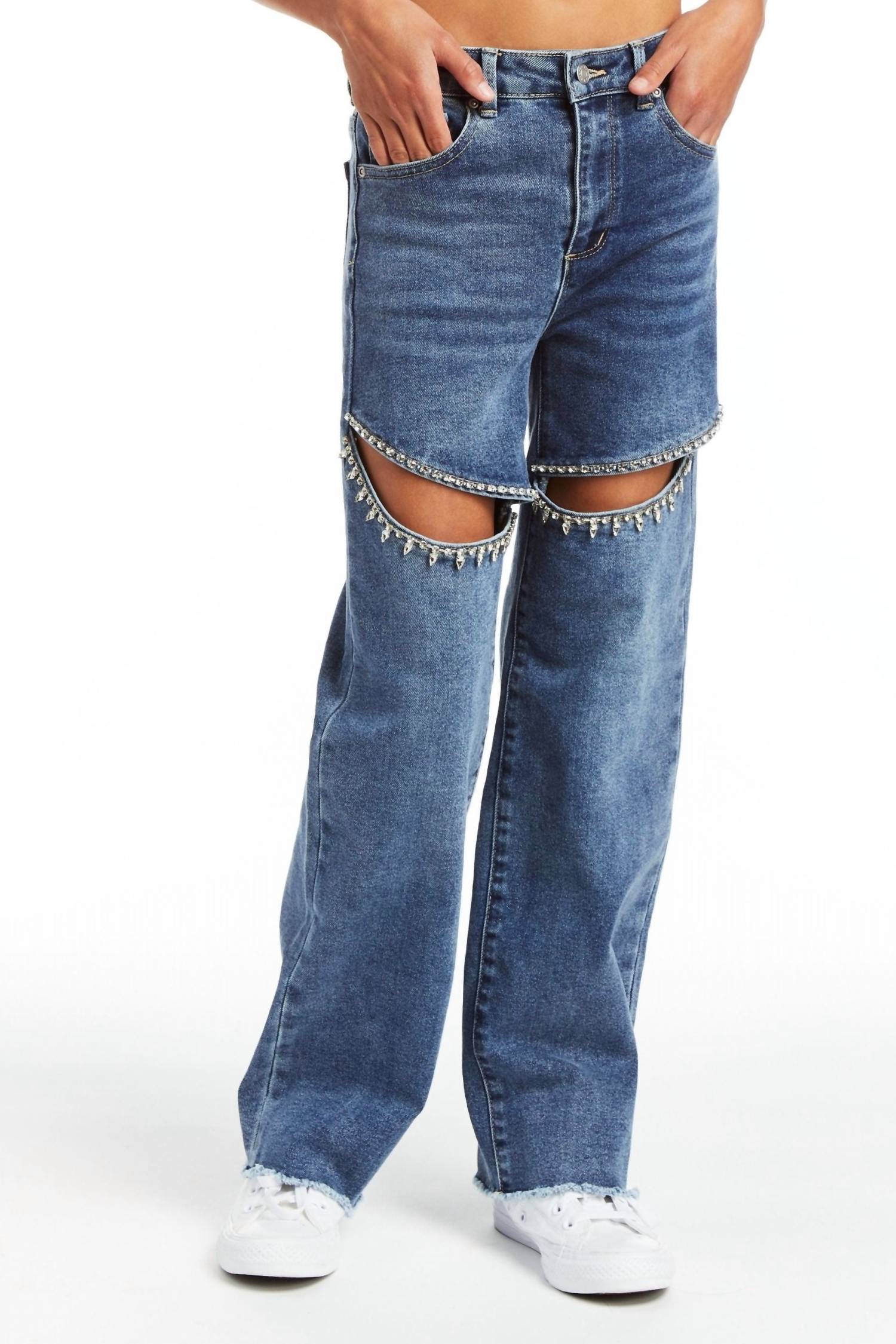 Tractr - Girls Swiftie Crystal Slit Straight Leg Jeans