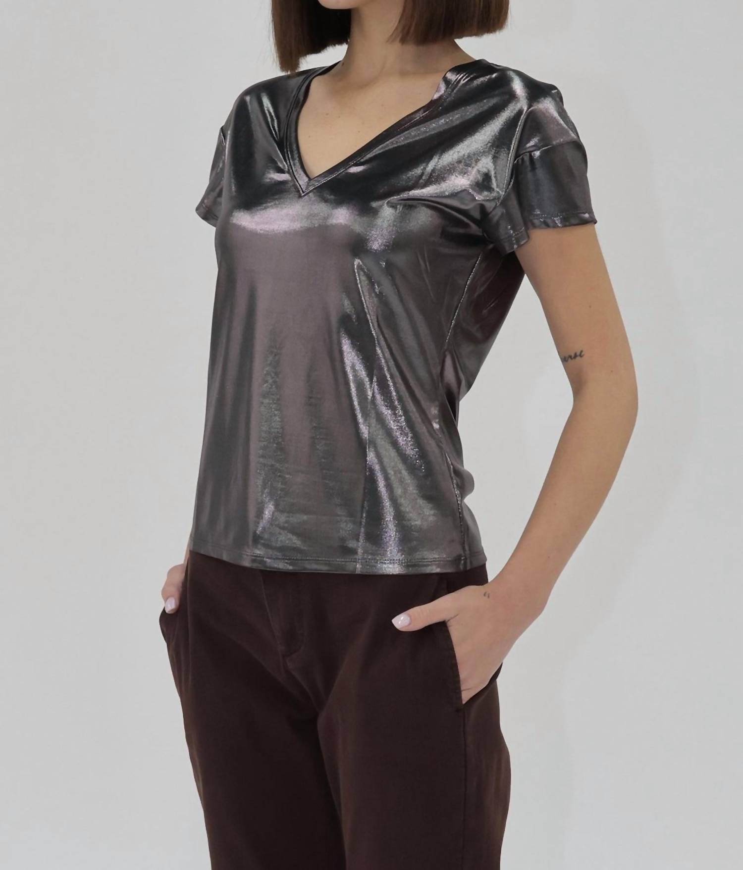 Another Love Lumi Knit Top in metallic black - women's t-shirt - detail view
