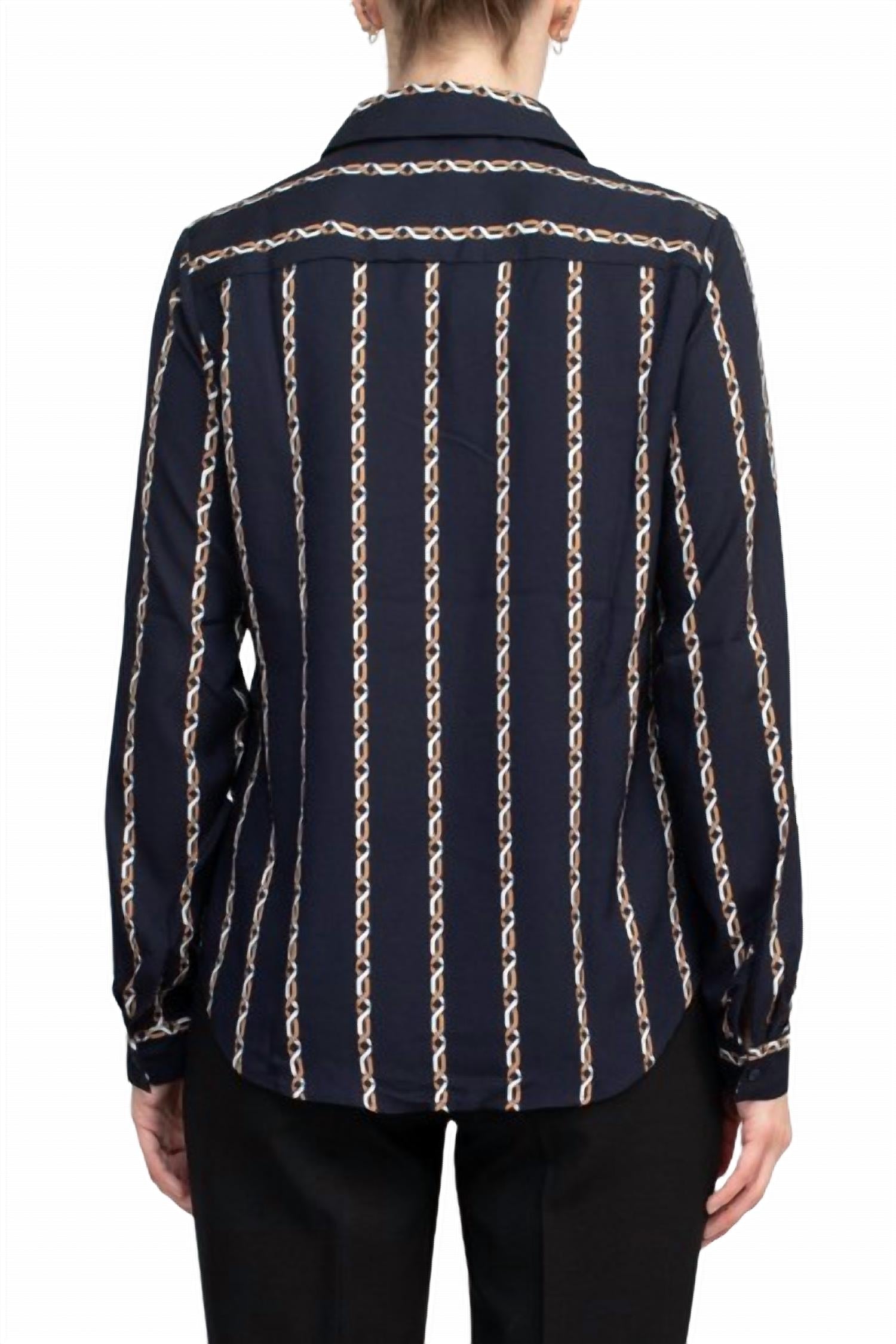 Joan Vass - Collared V-neck Back Yoke Printed Woven Top