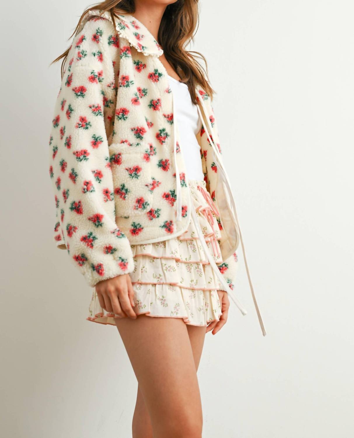 Buttermelon - Holland Floral Tie-front Fleece Jacket Coquette Peter Pan Collar Cardigan