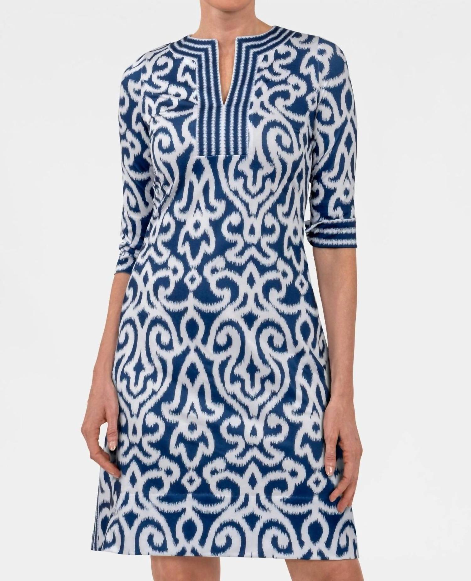 GRETCHEN SCOTT Split Neck Mini Dress in navy and white - women's dress