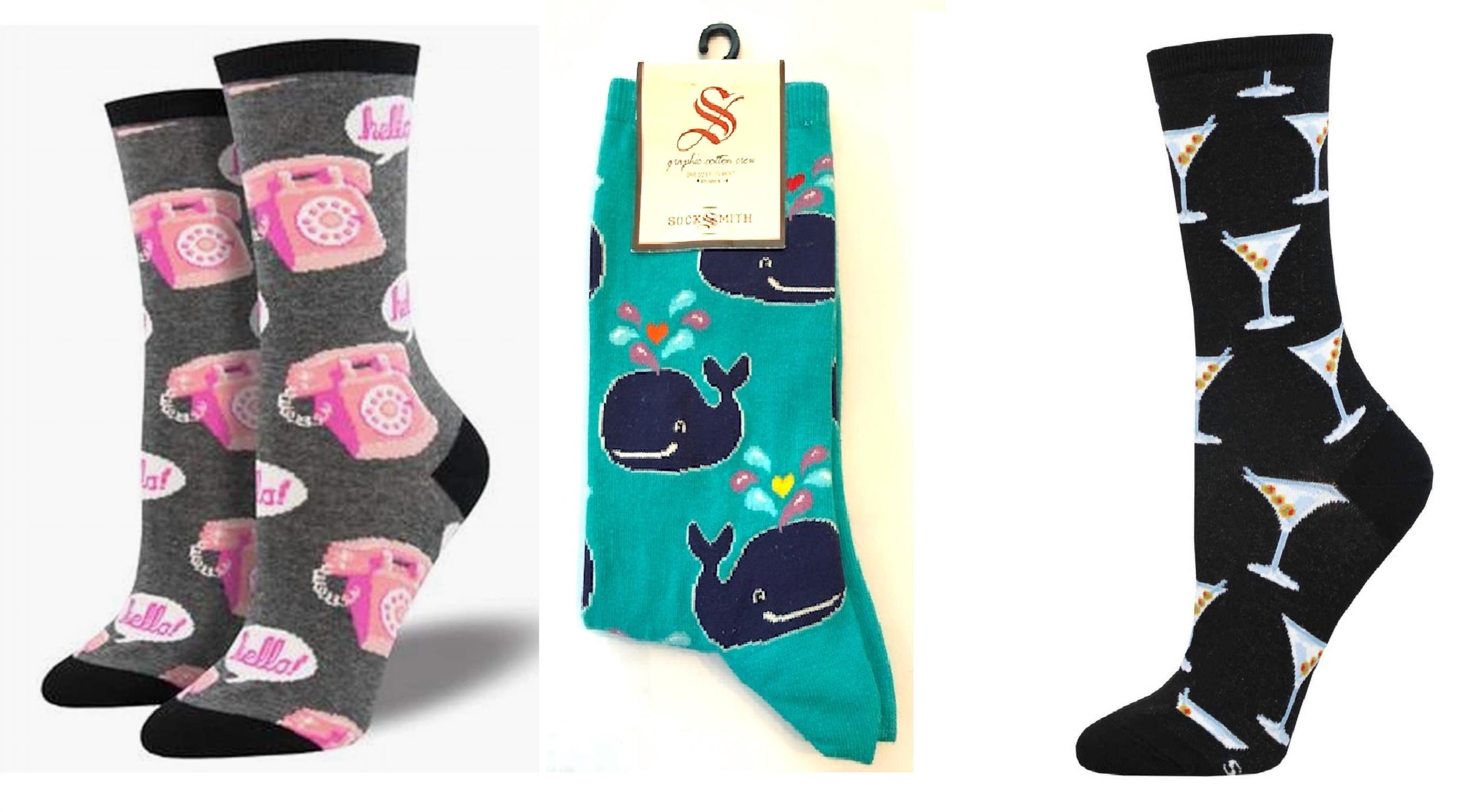 SOCKSMITH Women's Hold The Phone & Whale & Stirred Martini Socks - Set Of 3 Pair in multi - women's accessory