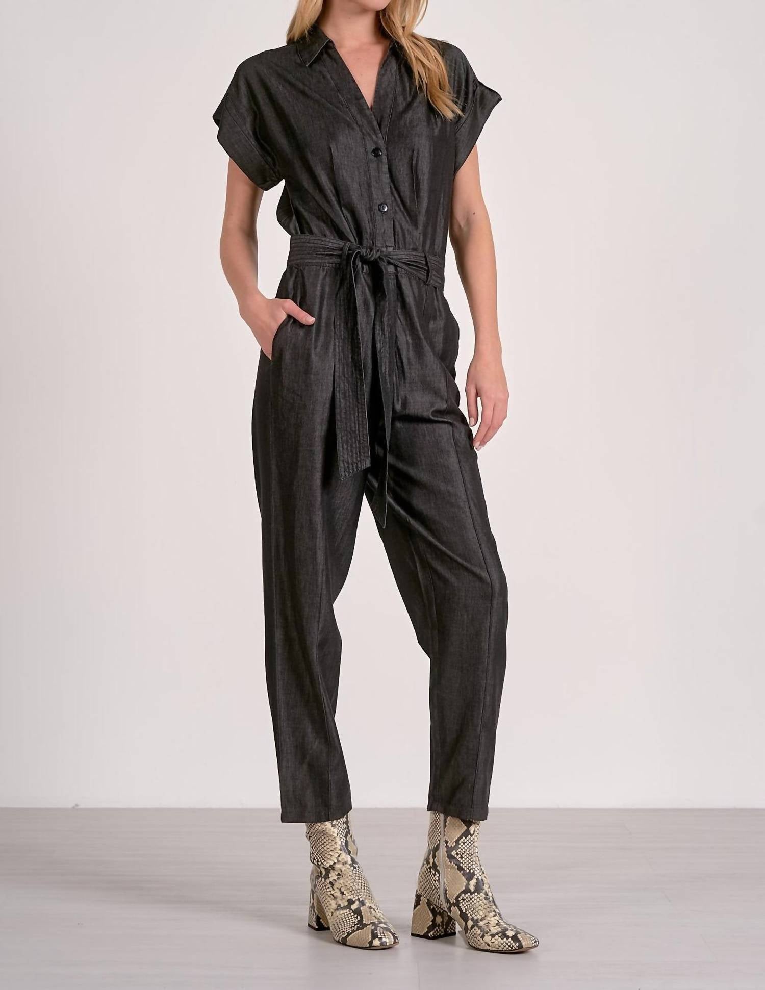 Elan - Short Sleeve Tie Belt Jumpsuit