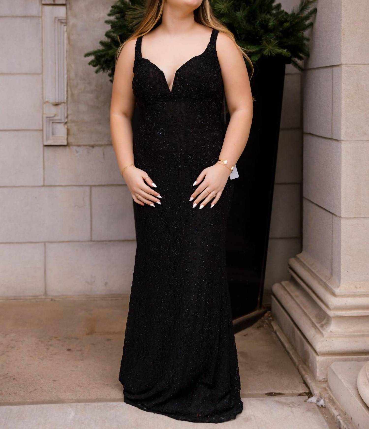 La Femme Women's Fitted Lace Overlay Embellished Prom Dress in black - women's dress - alternate view