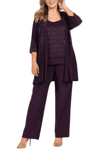 R&M Richards - Laced Blouse & Sequin Jacket Pant Suit - Plus