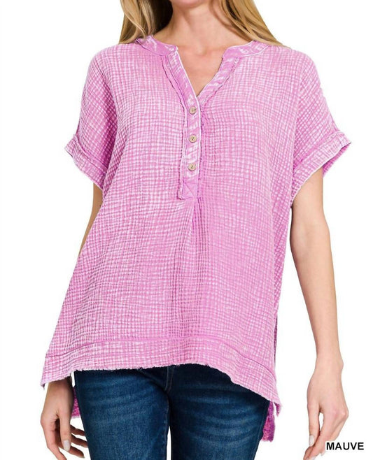 Zenana - Henley Gauze Short Sleeve Top