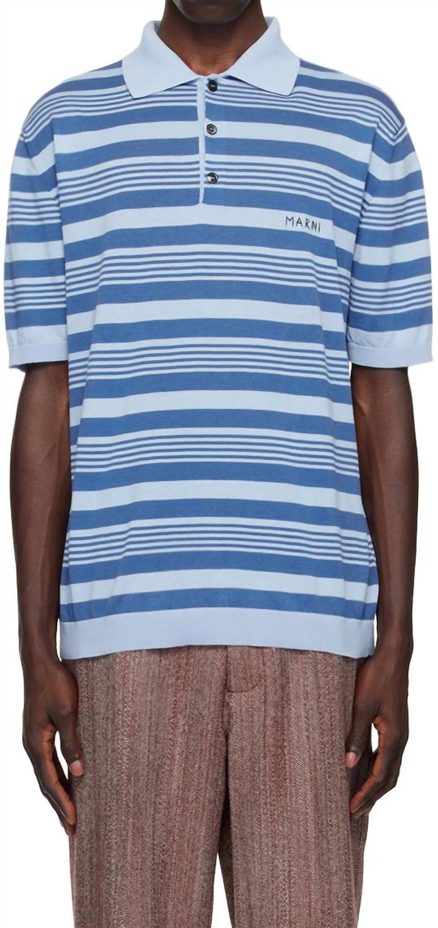 MARNI Striped Cotton Short Sleeve Knit Polo Shirt in blue - men's shirt