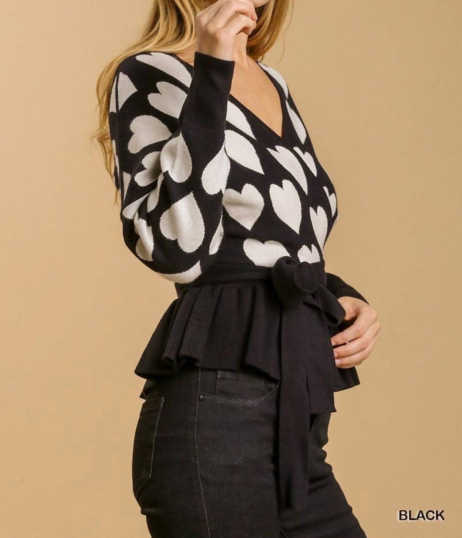 Umgee - Heart Print Baby Doll Long Sleeve Sweater