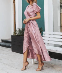Simplee Apparel - Asymmetrical Ruffle Hem Wrap Maxi Dress