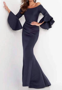 Jovani - Off-shoulder Bell Sleeve Draped Mermaid Evening Gown