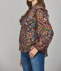 Fate Ruffle Detail Stand Collar Blouse in black multi - women's blouse - alternate view