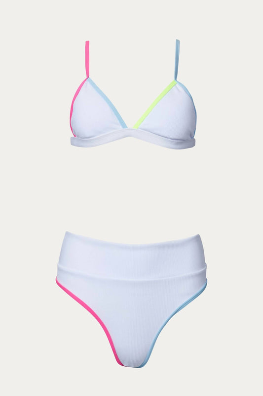 COLOR-BLOCK TRIANGLE HIGH-LEG BIKINI SET