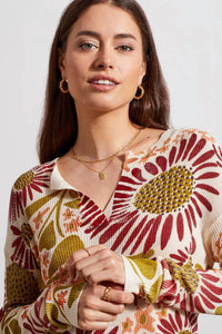 Tribal - Long Sleeves Split V-neck Floral Sweater