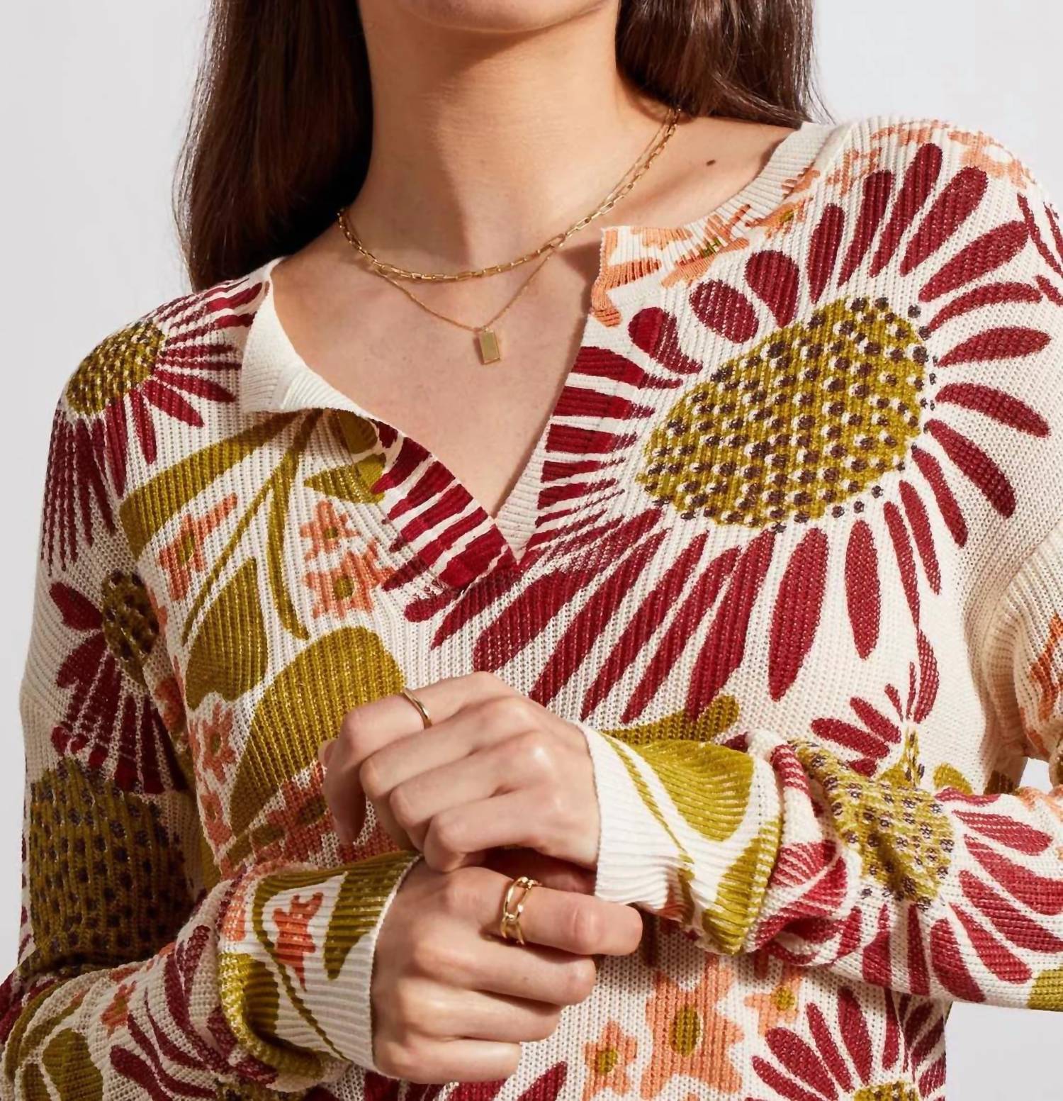 Tribal - Long Sleeves Split V-neck Floral Sweater