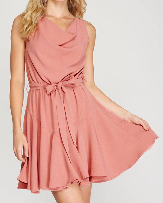 Sleeveless Cowl Neck Flounce Woven Dress With Sash