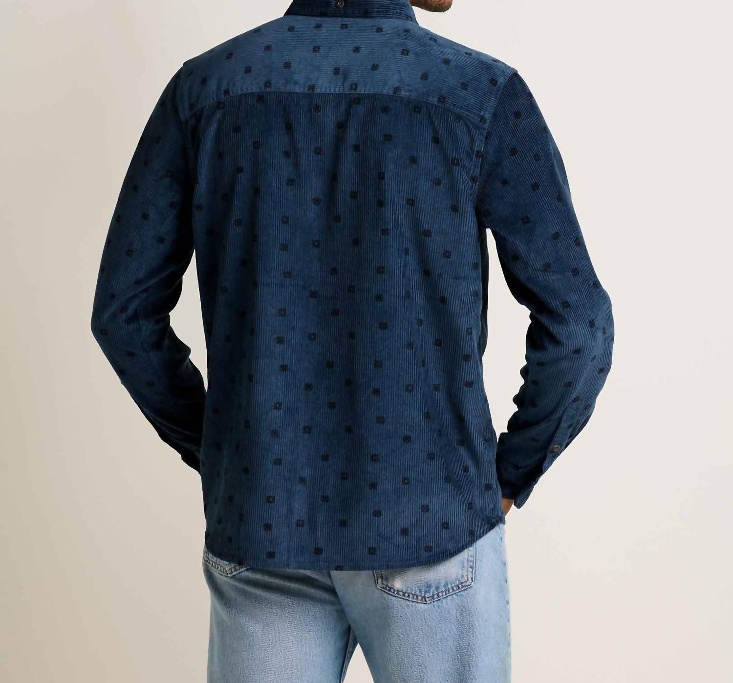 TOAD&CO Cascadia Cord Long Sleeve Shirt in midnight geo print - men's shirt - detail view