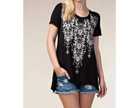Vocal Apparel - Floral Printed Rhinestone Short Sleeve Knit Top