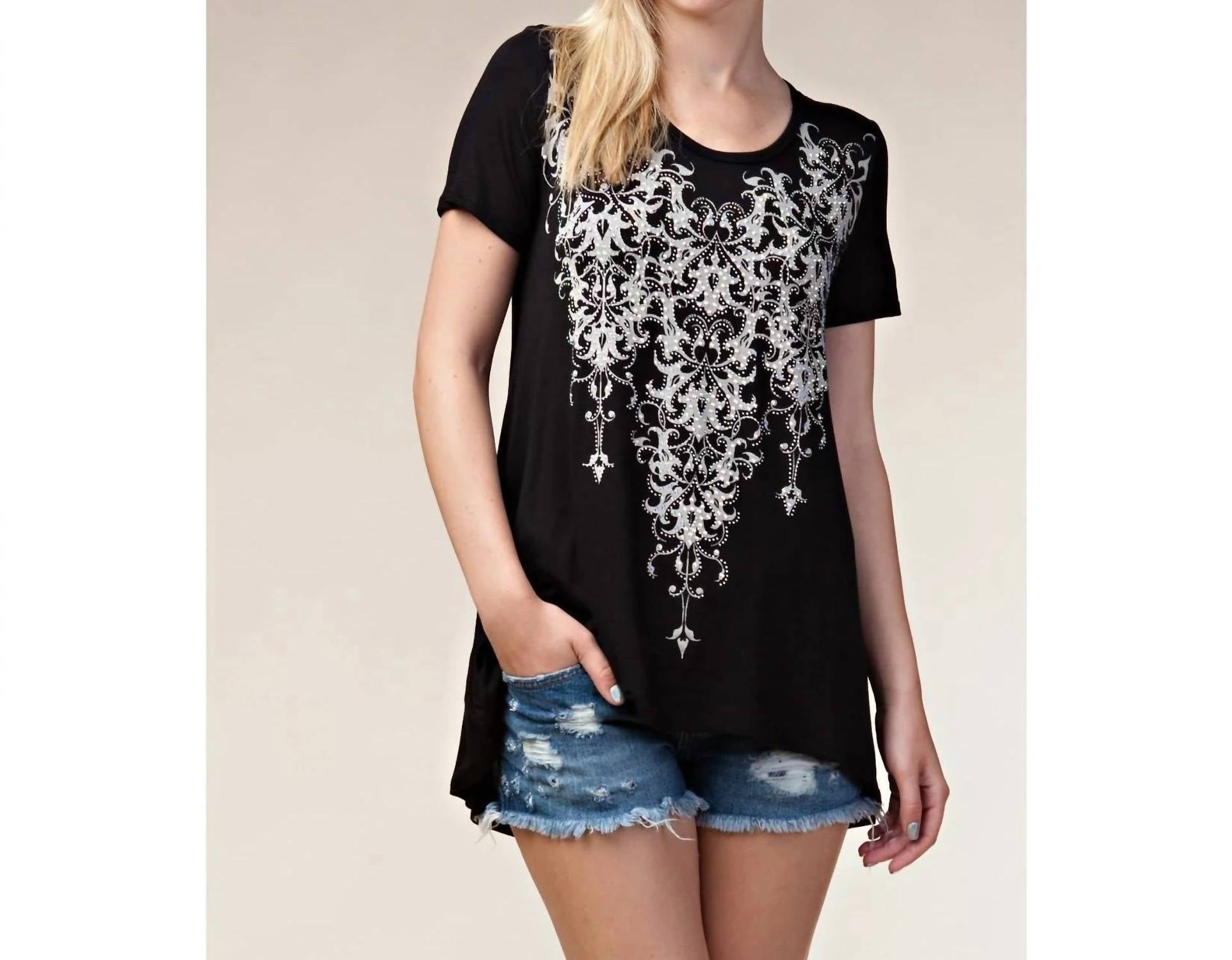 Vocal Apparel - Floral Printed Rhinestone Short Sleeve Knit Top