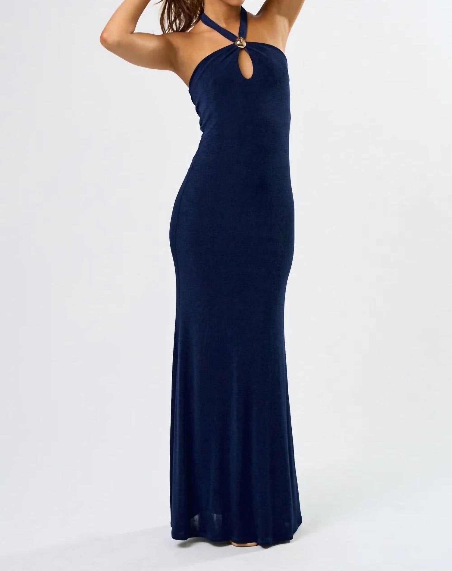 Blue Blush - Metal Trim Halter Maxi Dress