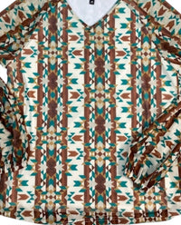 2FlyCo Women's Geometric Aztec Long Sleeve Blouse Top in brown aqua - women's blouse - detail view