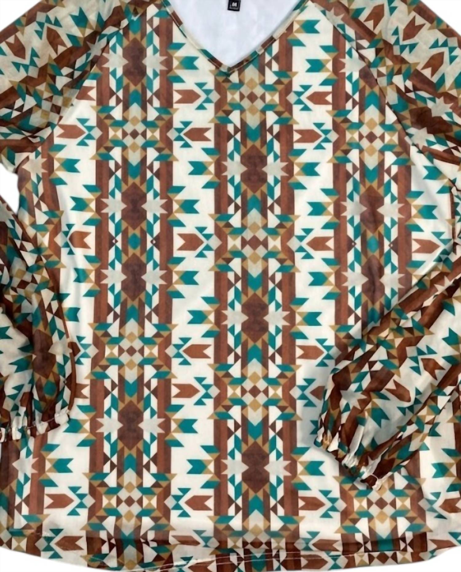 2FlyCo Women's Geometric Aztec Long Sleeve Blouse Top in brown aqua - women's blouse - detail view
